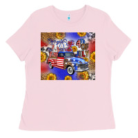Bubblegum Pink Fourth Of July Sunflowers Truck Ladies Tee - FaDigitalArtStudio