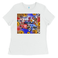 White Fourth Of July Sunflowers Truck Ladies Tee - FaDigitalArtStudio