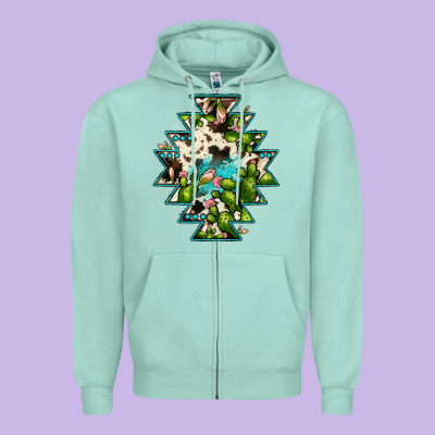 Aztec  Cowhide Cactus Gemstone Zipper Hoodie Designed By Jahusdesignshop