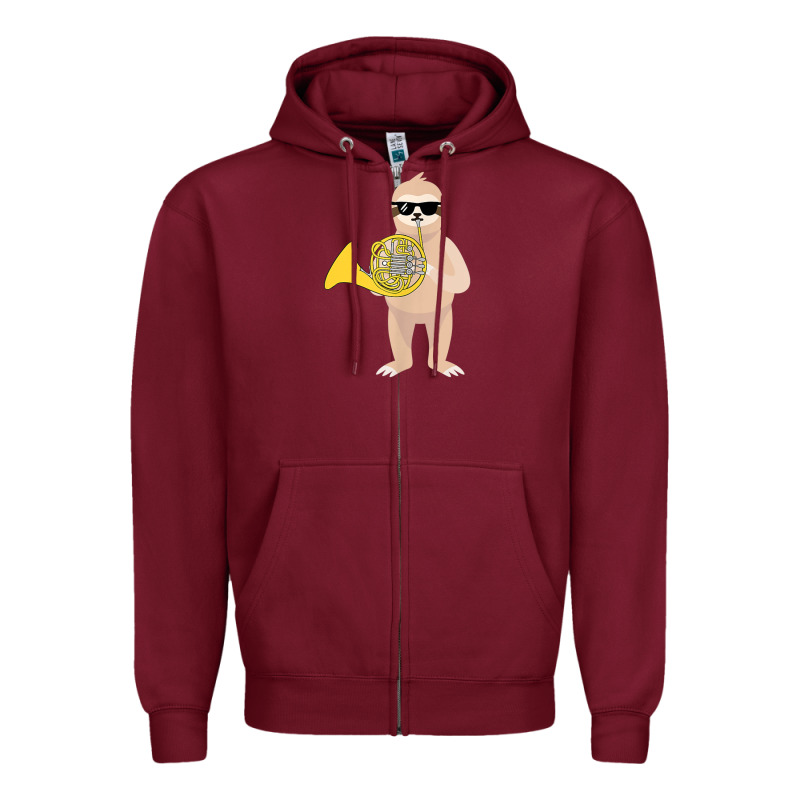 Funny Sloth Wearing Sunglasses Playing French Horn Zipper Hoodie by linhVisuals | Teevron
