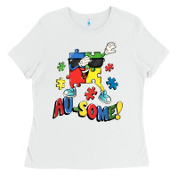 White Au-some! Autism puzzle dabbing Ladies Tee - FaDigitalArtStudio