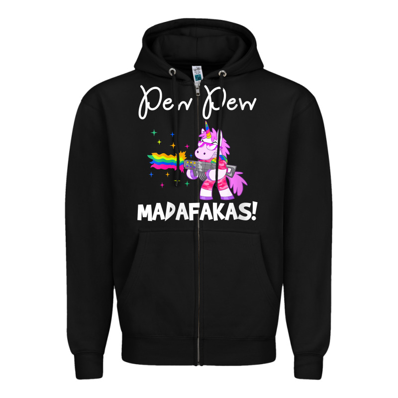 Womens Pew Madafakas Funny Fantasy Unicorn With Rainbow Gun   White V Zipper Hoodie by linhVisuals | Teevron