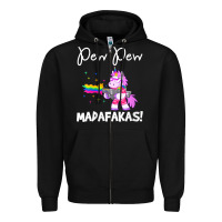 Black womens pew madafakas funny fantasy unicorn with rainbow gun   white v Zipper Hoodie - linhVisuals