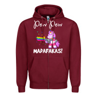 Burgundy womens pew madafakas funny fantasy unicorn with rainbow gun   white v Zipper Hoodie - linhVisuals