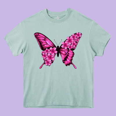 Floral Pink Butterfly Heavy Core Tee Designed By Jasminsmagicworld