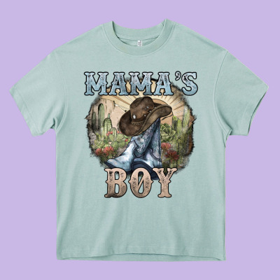 Mama's Boy Western Cowboy Boots Cactus Heavy Core Tee Designed By Howdyjamesfarm