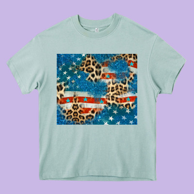 Leopard Glitter American Flag Heavy Core Tee Designed By Cowgirlartshop