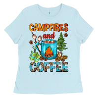 Baby Blue Campfires And Coffee Camping Coffee Ladies Tee - FaDigitalArtStudio