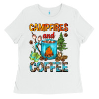 White Campfires And Coffee Camping Coffee Ladies Tee - FaDigitalArtStudio