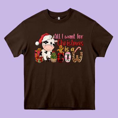 All Want For Christmas Is A Cow Heavy Core Tee Designed By Cowgirlartshop