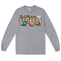 Heather Grey My Daddy is my Hero Teacher Long Sleeve Tee - CowhideDigitalArt