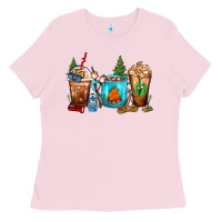 Bubblegum Pink Camping Coffee Cups Ladies Tee - FaDigitalArtStudio