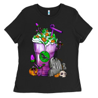 Black Halloween Cold Drink Frappe With Tombstone Ladies Tee - FaDigitalArtStudio