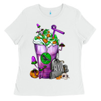 White Halloween Cold Drink Frappe With Tombstone Ladies Tee - FaDigitalArtStudio