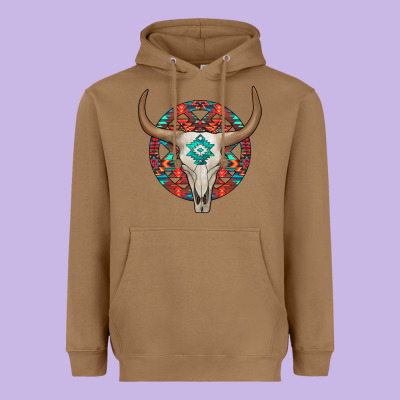 Turquoise Aztec Bullskull Heavyweight Hoodie Designed By Jahusdesignshop