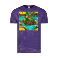Cloud Purple Lake Boat Rudder And Sunflowers Seamless Pattern Vintage Tee - BundleAndBundleShop