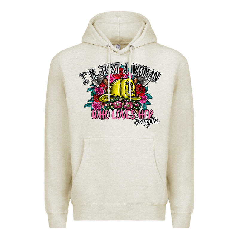 Im Just A Woman Who Loves Her Firefighter Premium Hoodie by SublimationCraftShop | Teevron