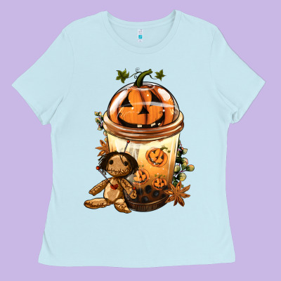 Halloween Jack O Lantern Bobba Cup Ladies Tee Designed By Fadigitalartstudio