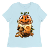 Baby Blue Halloween Jack O Lantern Bobba Cup Ladies Tee - FaDigitalArtStudio
