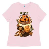 Bubblegum Pink Halloween Jack O Lantern Bobba Cup Ladies Tee - FaDigitalArtStudio