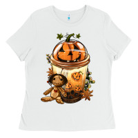 White Halloween Jack O Lantern Bobba Cup Ladies Tee - FaDigitalArtStudio