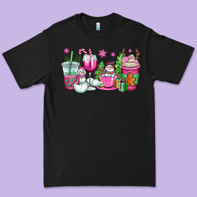 Pink Christmas Snowman Coffee Cups Premium Tee Designed By Oliviacreatesart