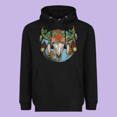 Floral Feather Bull Skull Heavyweight Hoodie Designed By Jahusdesignshop