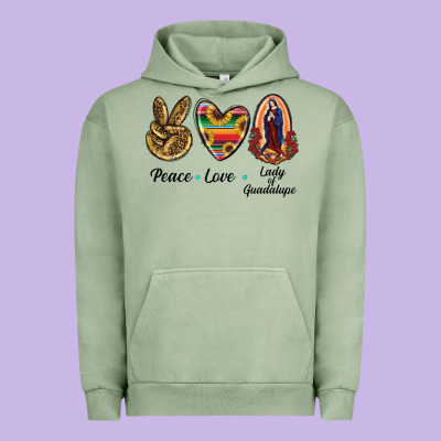 Peace Love Lady Of Guadalupe Urban Hoodie Designed By Ranaportraitstore