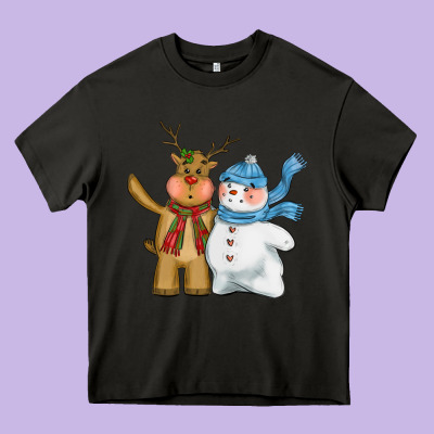 Christmas Reindeer Snowman Heavy Core Tee Designed By Cowgirlartshop