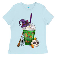 Baby Blue Halloween Spooky Pumpkins Frappe Ladies Tee - FaDigitalArtStudio