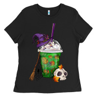 Black Halloween Spooky Pumpkins Frappe Ladies Tee - FaDigitalArtStudio