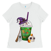White Halloween Spooky Pumpkins Frappe Ladies Tee - FaDigitalArtStudio
