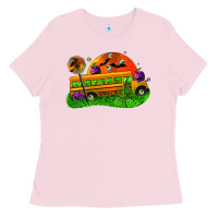 Bubblegum Pink Halloween School Bus Ladies Tee - FaDigitalArtStudio
