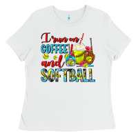 White I Run On Coffee And Softball Frappe Ladies Tee - FaDigitalArtStudio