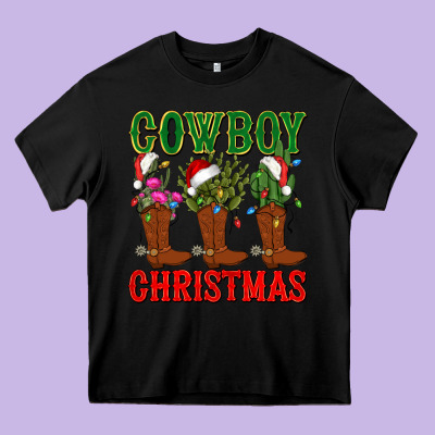Cowboy Christmas Boots Cactus Heavy Core Tee Designed By Cowgirlartshop