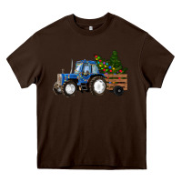 Chocolate Brown Blue Christmas Tractor Heavy Core Tee - RanaPortraitStore