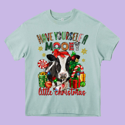 Have Yourself A Little Christmas Cow Heavy Core Tee Designed By Cowgirlartshop
