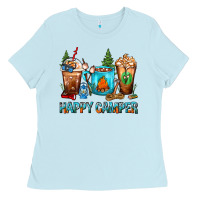 Baby Blue Happy Camper Coffee Cups Ladies Tee - FaDigitalArtStudio