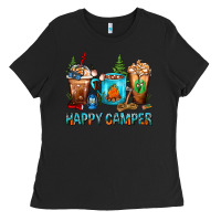 Black Happy Camper Coffee Cups Ladies Tee - FaDigitalArtStudio