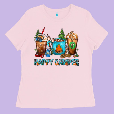 Happy Camper Coffee Cups Ladies Tee Designed By Fadigitalartstudio