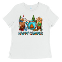 White Happy Camper Coffee Cups Ladies Tee - FaDigitalArtStudio
