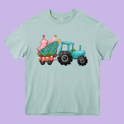 Christmas Tree Tractor Heavy Core Tee Designed By Cowgirlartshop