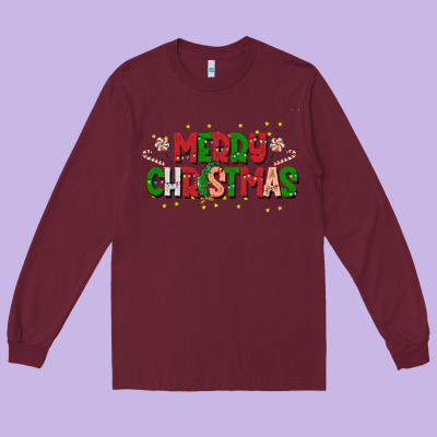 Festive Merry Christmas Greeting Long Sleeve Tee Designed By Cowhidedigitalart