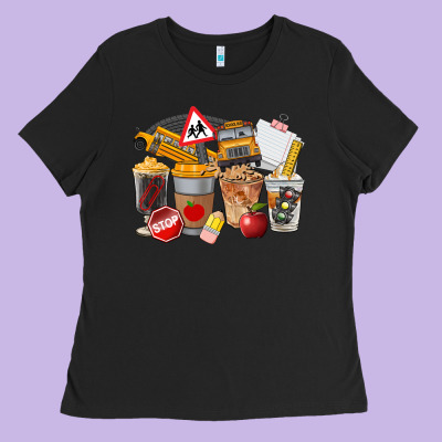 School Bus Coffee Cups Ladies Tee Designed By Fadigitalartstudio