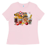 Bubblegum Pink School Bus Coffee Cups Ladies Tee - FaDigitalArtStudio