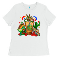 White Mexican Cold Drink With Cactus Sombrero And Tequil Ladies Tee - FaDigitalArtStudio