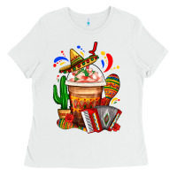White Mexican Frappe With Cactus Sombrero And Maracas Ladies Tee - FaDigitalArtStudio