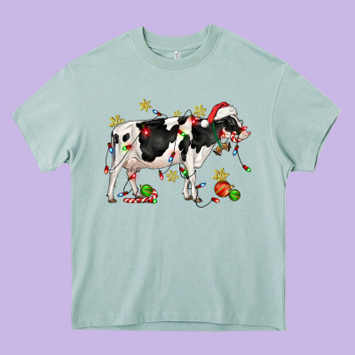 Christmas Holstein Cow Heavy Core Tee Designed By Cowgirlartshop