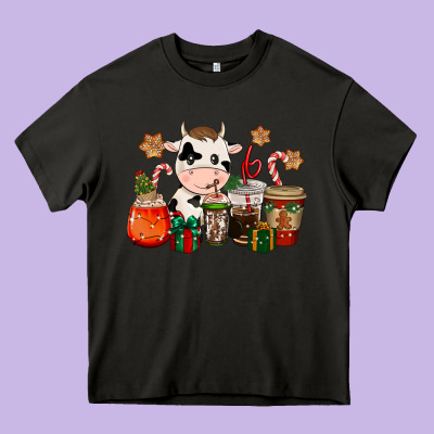 Cow Coffee Cups Christmas Heavy Core Tee Designed By Cowgirlartshop