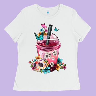 Mexican Day Of The Dead Skulls Coffee Cup Ladies Tee Designed By Fadigitalartstudio